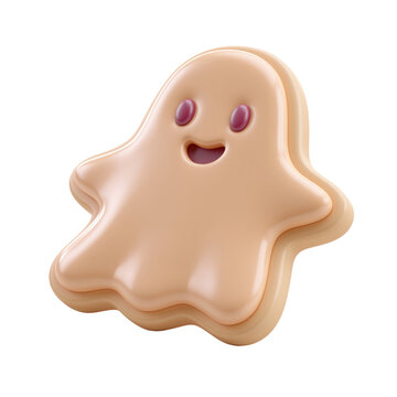 Cute halloween ghost cookie in pale peach with dark plum eyes and smile isolated on transparent background for spooky halloween treat design