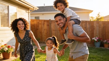Fototapeta premium Smiling family sharing playful piggyback rides in garden, celebrating togetherness and love.