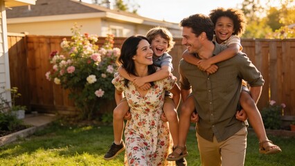 Fototapeta premium Parents, piggyback and children outdoor in portrait for love, bonding and playful interaction of support at house. Smile, woman and man with kids for family activity in backyard for memory at home