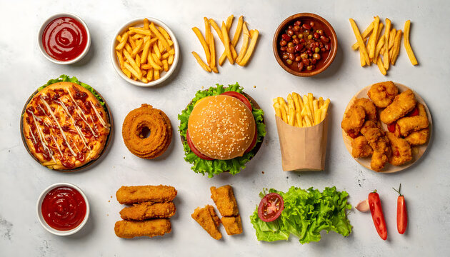 Fast food flat lay with burgers fries and snacks colorful indulgent meal top view composition style