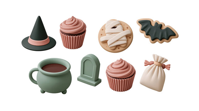 Cute halloween party icon set with witch hat cupcake mummy cookie bat cauldron gravestone and candy bag isolated on transparent background for spooky celebration design