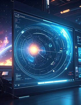 Futuristic computer screen with glowing interface.