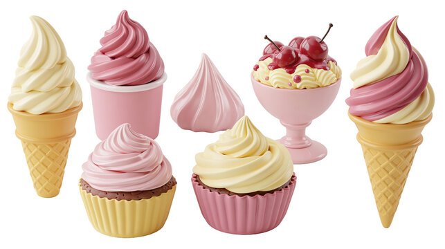 Cute ice cream icon set with vanilla cone pink soft serve cup meringue swirl cherry sundae strawberry cone and pink cupcake isolated on transparent background for dessert menu design