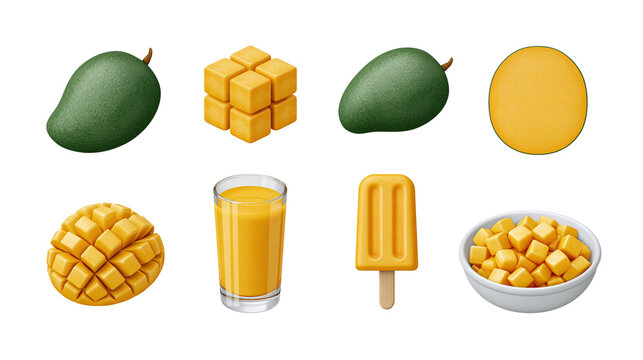 Cute mango fruit icon set with whole green mango cubes slice scored half juice and popsicle isolated on transparent background for tropical fruit menu design