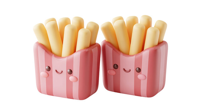 Cute pair of french fry cartons with kawaii faces and striped cups isolated on transparent background for fun fast food design