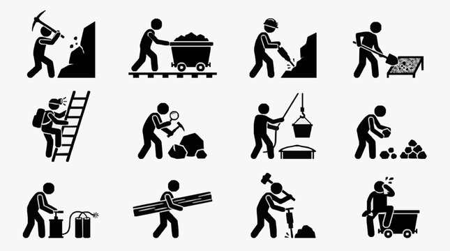 Industrial Black and White Silhouette Icons Showing Various Mining and Construction Activities with high quality professional line art symbols for modern creative design and digital branding projects
