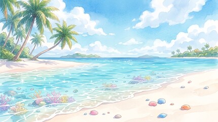 Naklejka premium Anime Style Tropical Beach with Crystal Clear Water and Coral Reefs