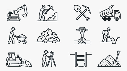 Industrial Construction and Mining Equipment Icons Set Black and White Line Art Illustrations with high quality professional line art symbols for modern creative design and digital branding projects © Fitri