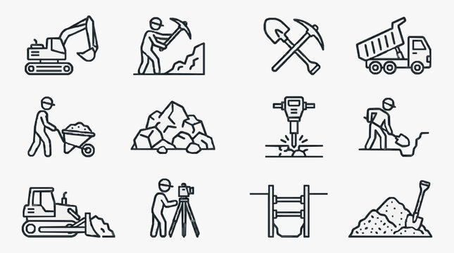 Industrial Construction and Mining Equipment Icons Set Black and White Line Art Illustrations with high quality professional line art symbols for modern creative design and digital branding projects