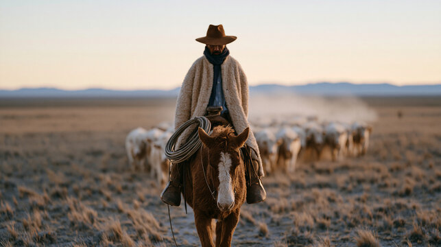 Argentinian cattle rancher on horseback moving a herd through a wide dry pampa grassland at dawn, lasso coiled on the saddle horn, wide establishing shot capturing the vast