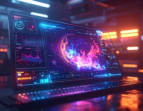 Futuristic computer screen with neon lights.