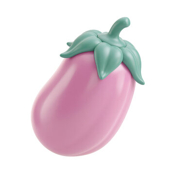 Cute pastel pink eggplant with sage green leafy calyx and bulbous shape isolated on transparent background for healthy vegetable design