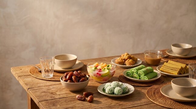 Traditional Indonesian Iftar meal with assorted snacks and sweets on a wooden table.