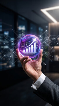 A hand holds a glowing sphere with a growth chart, symbolizing business success and foresight in a modern office setting