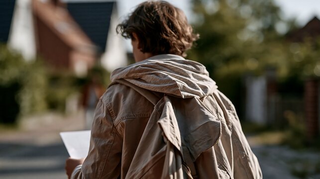 Student walking home with disappointing exam results in hand after school. Concept of poor academic performance, failed test and education stress