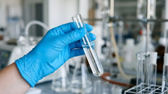 A close up, shallow depth of field of a blue gloved hand holding a glass test tube