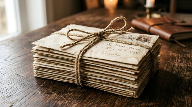 Stack of aged paper envelopes tied with twine on a wooden table