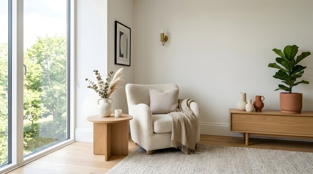 Cream armchair with throw blanket in a minimalist living room
