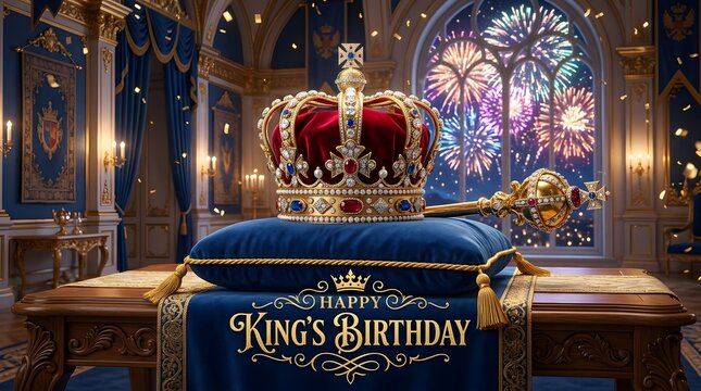 Royal crown and scepter on a velvet cushion in a palace hall