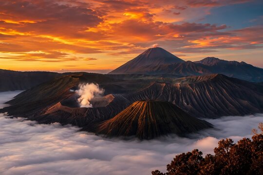 Mount Bromo and Mount Semeru Volcanic Eruption at Sunrise Above Sea of Clouds, Tengger Caldera, East Java Indonesia