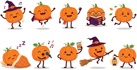 Obraz premium Pumpkin Activity Collection 10 Set Halloween Vector Characters Isolated on Transparent Background