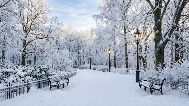 Snow covered park path with frost coated trees and vintage street lamps