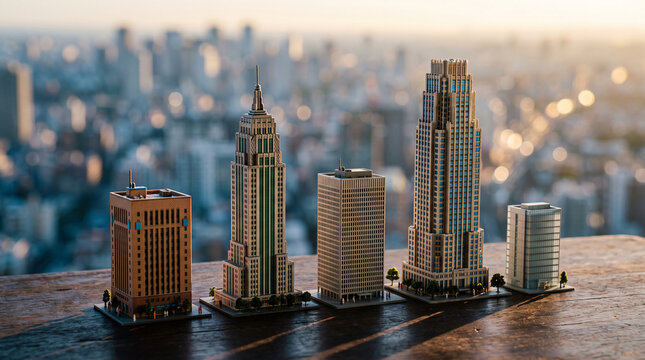 Miniature building models arranged in a row, set against a blurred cityscape, symbolizing urban development and architecture