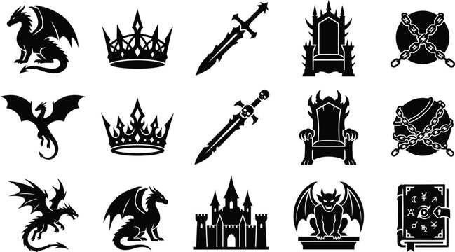 Fantasy icons set with dragons crowns swords thrones and ancient magic book on transparent.