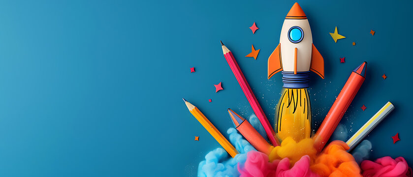 Ultra wide layout of 3D rocket and pencils with colorful smoke on blue background providing massive copy space for school web banners
