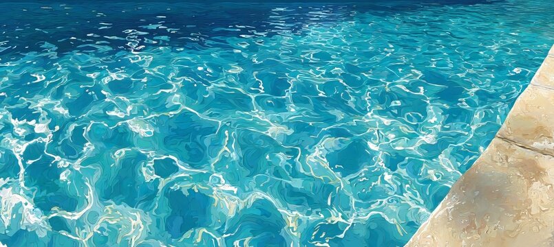 Clear Blue Swimming Pool Surface Texture Background with Rhythmic Water Rippels and Stone Border.