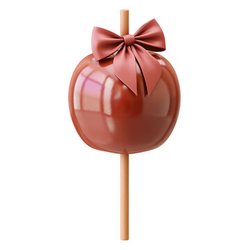 Cute reddish brown candy apple with dusty rose bow on wooden stick isolated on transparent background for autumn gift treat design