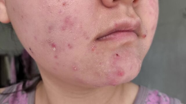 Young woman with facial acne, pimples and blemished skin, hormonal acne, dermatology and skincare concept.