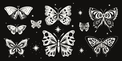 Butterfly Collection Black And White Vector Illustration With Star Accents © Juna