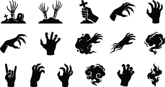 Set of black silhouettes of zombie hands and skeletons in graveyard on transparent background.