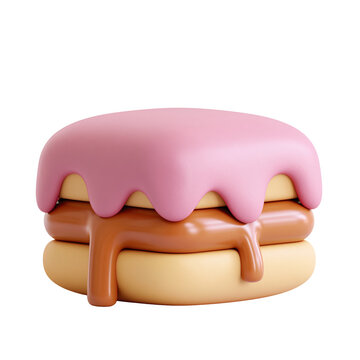 Cute stacked layered dessert in pink brown and yellow with dripping icing isolated on transparent background for bakery sweet menu design