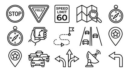 Fototapeta premium Road signs and navigation travel line icon collection.