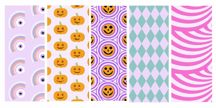 Psychedelic Pattern Collection Featuring Eyes Pumpkins Smileys Diamonds And Stripes