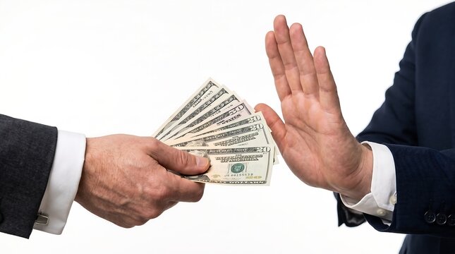 A businessman refusing to accept a bribe or payment offered by another person.