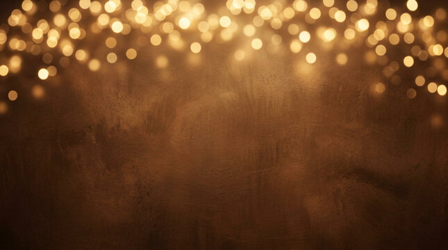 Golden bokeh light circles glowing along the top border of a dark brown textured background with a subtle metallic finish and ample copy space for festive holiday designs.