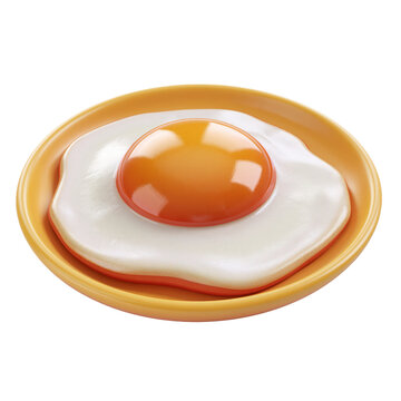 Cute sunny side up fried egg with bright orange yolk on golden plate isolated on transparent background for breakfast menu design