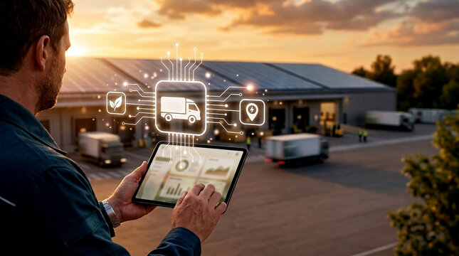 Over shoulder photo of supervisor holding digital tablet for green fleet tracking on supply chain optimization logistics tech platform at sunset warehouse depot