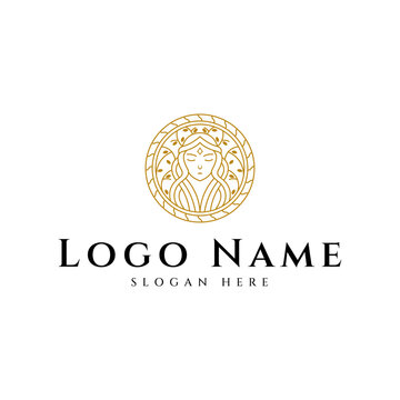 Line art aphrodite greek logo, women goddes icon of beauty with decorative leaves