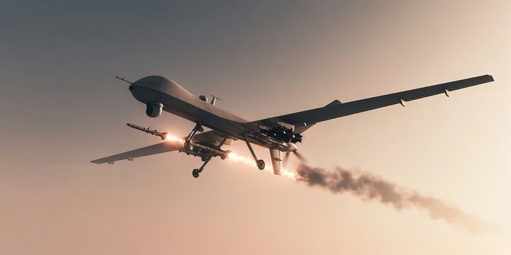 Unmanned military combat drone vehicle carrying out high altitude missile launch in skies at dusk.