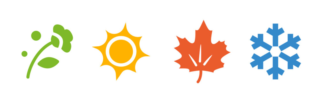 seasons year icon set, icons snowflake, leaf, sun, flower, flat vectors on white, concept summer, winter, spring, autumn