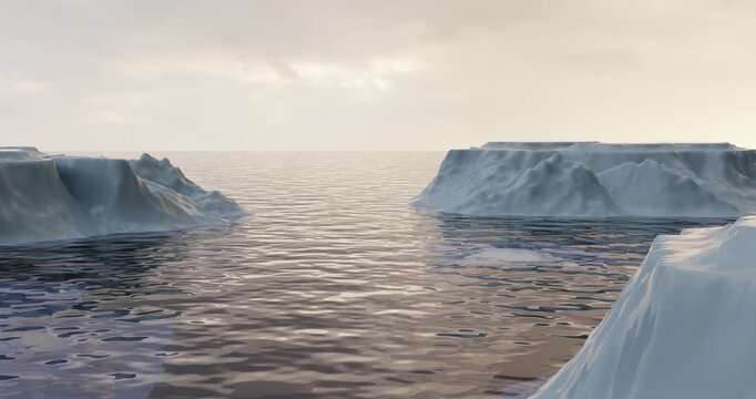 Polar landscape sea with icebergs evening lighting calm 3D render