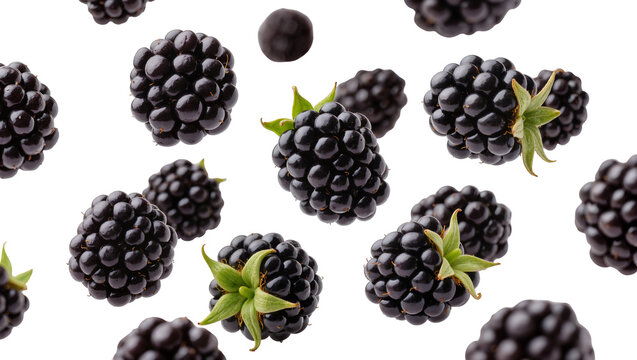 Isolated fresh ripe organic blackberries scattered, delicious and healthy summer fruit produce