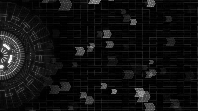 White color rotating HUD animation moving arrows holographic hi tech design dark technology background