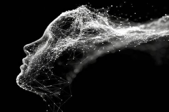 Abstract digital human face formed by interconnected glowing lines and dots against a black background