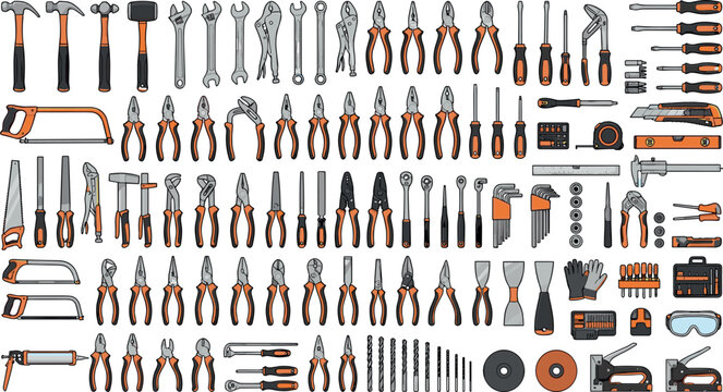 Massive collection of professional hand tools screwdrivers hammers pliers wrenches saws and orange construction hardware elements vector set