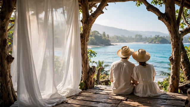 Couple in straw hats looking at the ocean from a rustic wooden hut with white flowing curtains, perfect for travel advertising, romantic getaways and honeymoon brochures